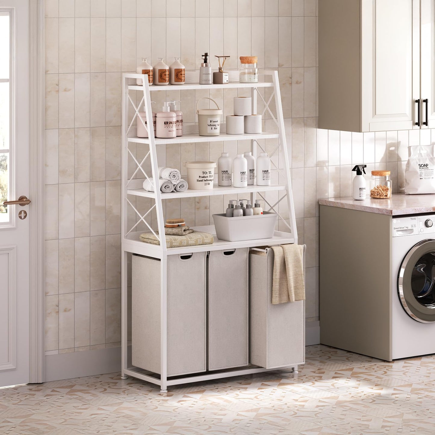 Herture Laundry Basket 3 Compartments Laundry Hamper with 4 Shelves Laundry Basket Removable Laundry Bags Large 3 x 60L for Laundry Room Bathroom Ink Black Vintage Brown PF05XLN