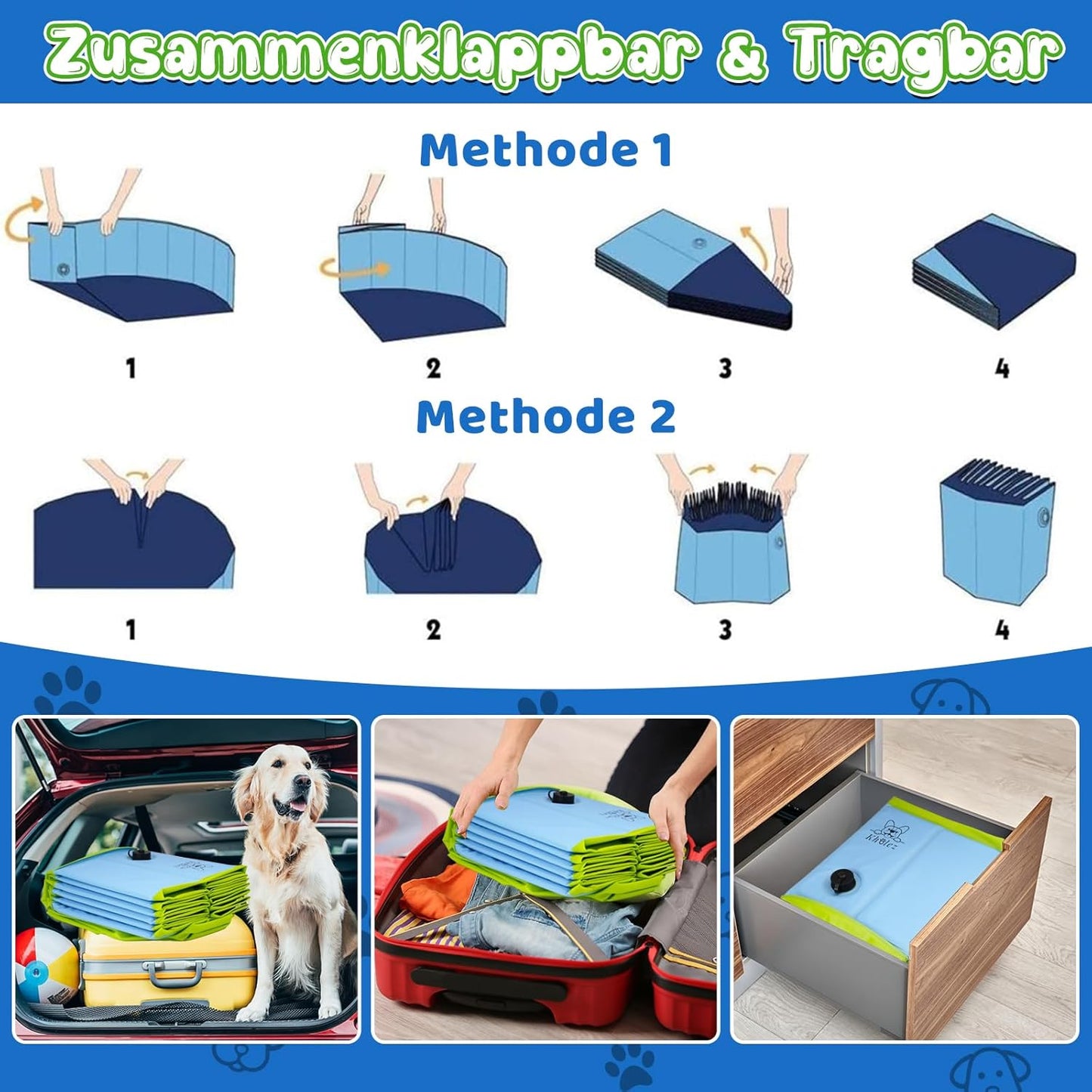 KHOLEZ Hundepool, 120 x 30CM Hundebadewanne für Große Kleine Hunde, Faltbarer Hund Planschbecken für Kinder, Tragbar Swimmingpool Schwimmbecken rutschfest mit Badebürste Ablassventil PVC-Aufnäher x 4