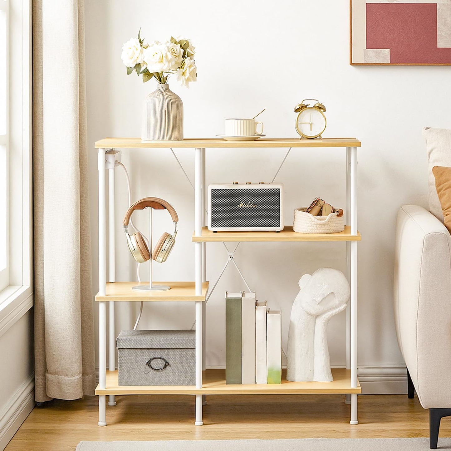 HOOBRO EBF07CHB01 Kitchen Shelf, Standing Shelf with Sockets, Baker's Rack with 5 S-Hooks, Microwave Shelf, 38 x 80 x 86 cm, Vintage Brown and Black