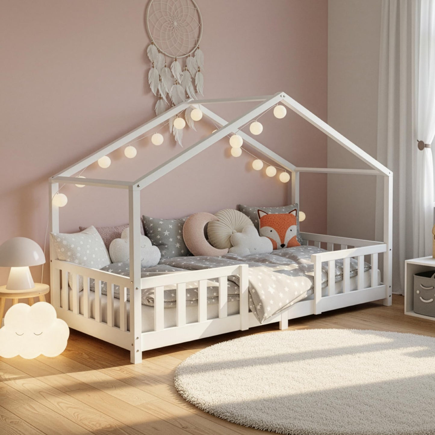 [en.casa] Treviolo Children's Bed 140 x 200 cm Wooden Bed for Children with Fall Protection Montessori Bed Frame with Slatted Frame Pine Wood White