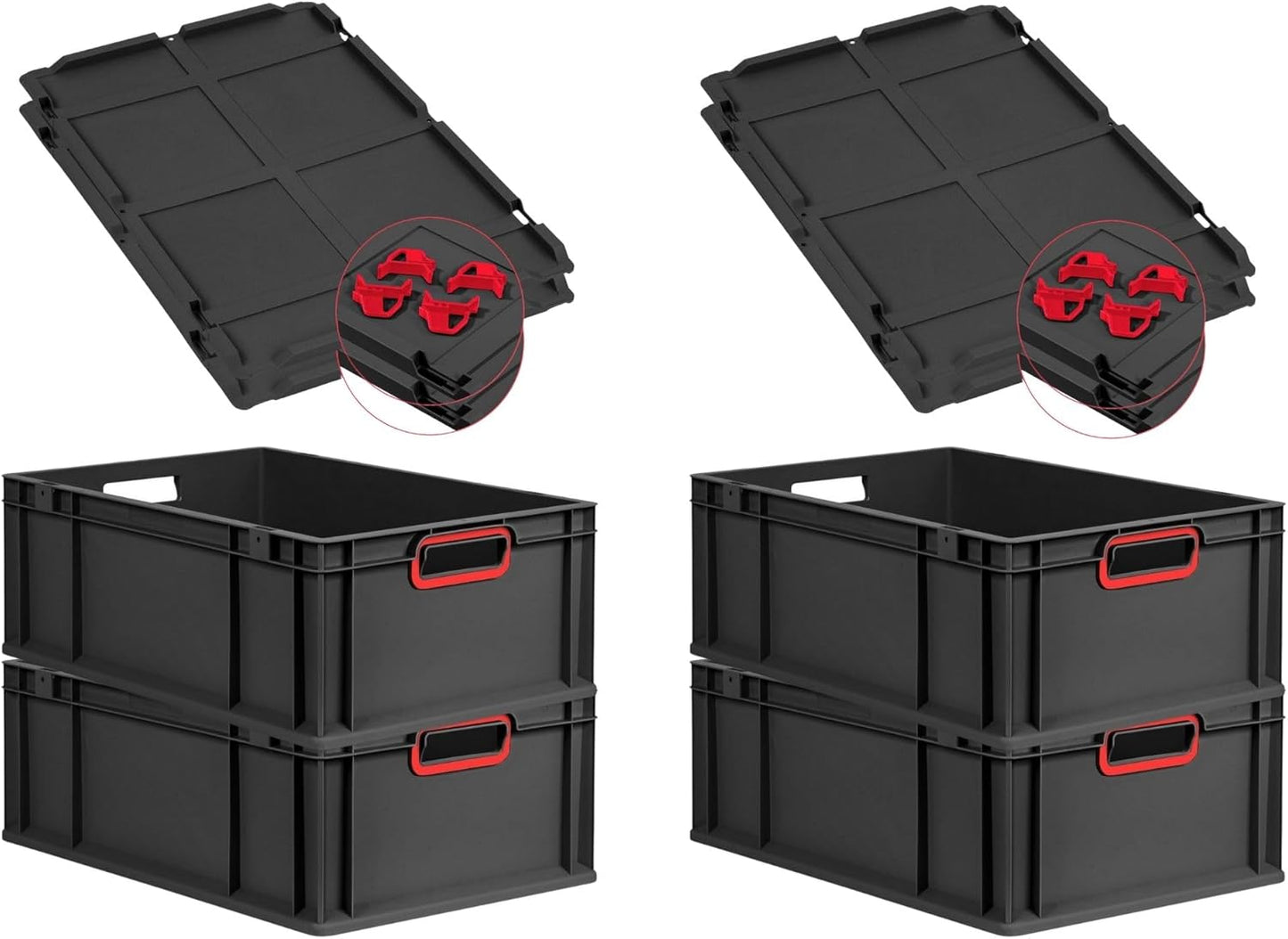 PROREGAL Economy Set of 5 Eurobox NextGen Colour with Lid and Sliding Snap Fasteners, H x W x D 22 x 30 x 40 cm, 20 L, Black, Closed Handles, Euro Container, Transport Box, Transport Container