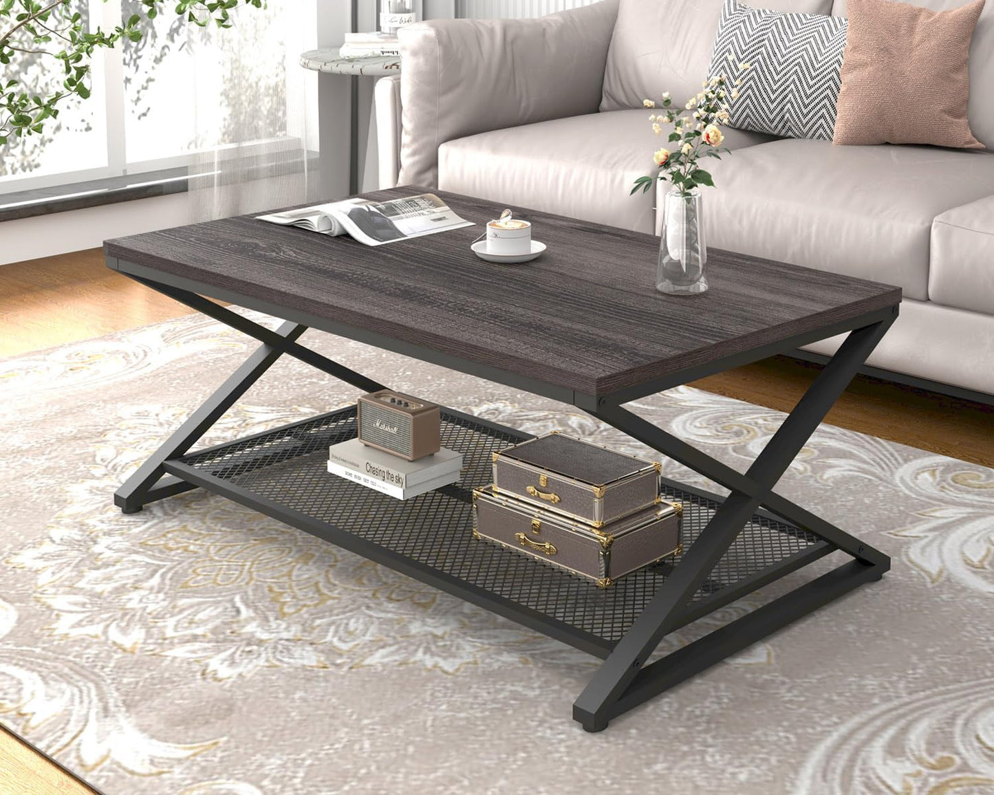 LVB Rectangular Coffee Table, Living Room Table, Sofa Table, Side Table, Wood, Metal, Living Room Furniture, Coffee Table, Vintage Retro Industrial Design, 120 x 60 x 45 cm