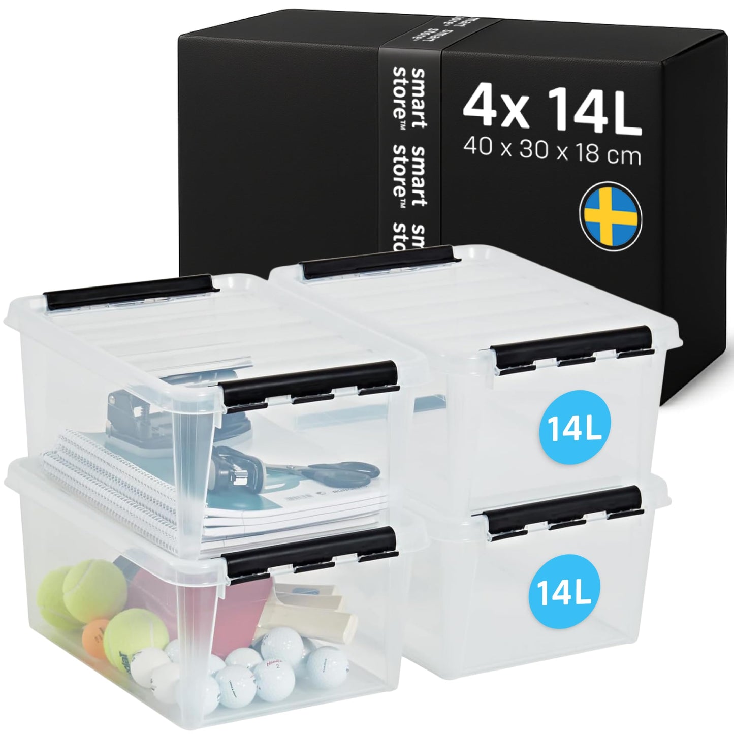 SmartStore Storage Box with Lid, 14 Litres, Pack of 4, Reinforced, Large, Transparent, Food Safe, with Clip Closure, Stackable, BPA-Free Plastic, 40 x 30 x 18 cm (L x W x H)