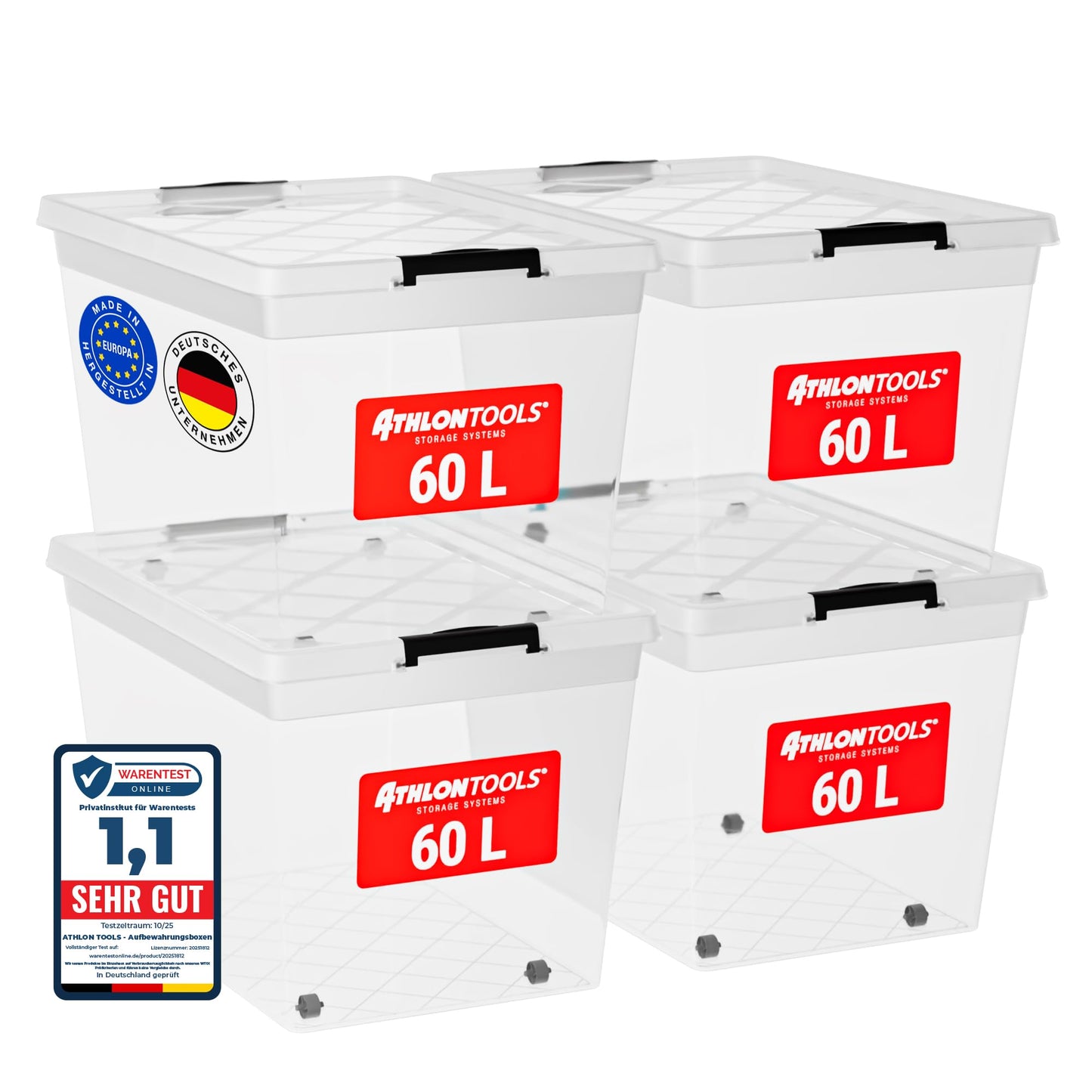 ATHLON TOOLS 4 x 60 L Storage Boxes with Lid, Food-Safe, Locking Clips, 100% New Material Plastic Box, Transparent, Clothes Boxes, Stackable