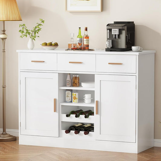 Kitchen Cabinet with Worktop, Buffet Cabinet with 3 Drawers, Sideboard with Socket, Flexible Wine Rack, Side Storage Compartment, Adjustable Shelves, Kitchen, Dining Room, 40 x 107 x 80 cm, White