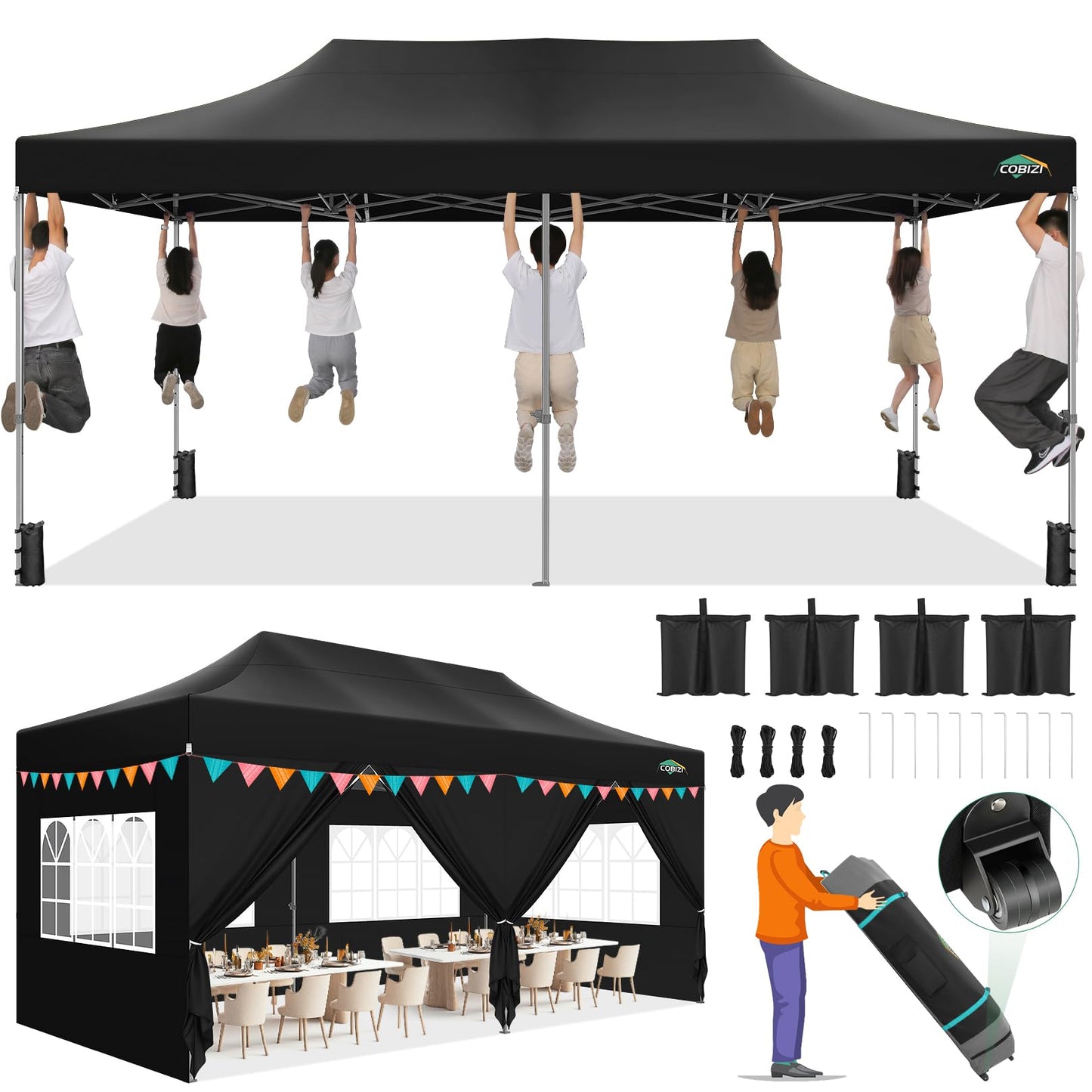 COBIZI Pavillon Faltpavillon 3x3 wasserdicht stabil Winterfest,Outdoor faltbar partyzelt，gartenpavillon mit 4 Seitenteilen und 4 Sandsack und Laufradtasche, Schwarz