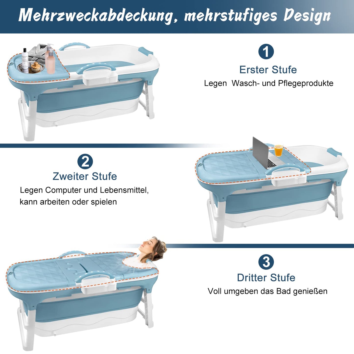 LARS360 Foldable Bathtub, Adult, Travel Bathtub, Folding Bathtub with Removable Cover, Soap Basket, Massage Rollers, Mobile Bathtub for Small Bathroom (118 x 62 x 53 cm)