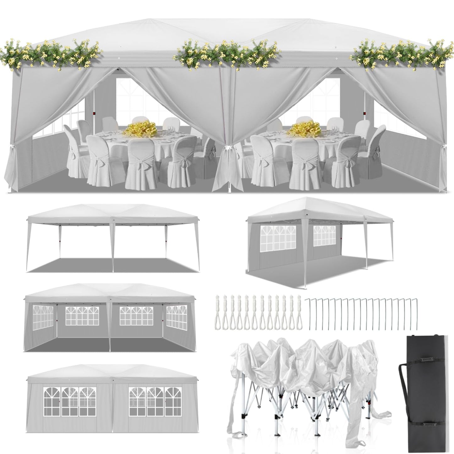 LEADZM Gazebo, Folding Gazebo, 3 x 6 m, Pop-Up, Waterproof, Winterproof, Height Adjustable, UV Protection 50+, Garden Tent, Party Tent, Steel Frame, with 6 Side Panels, for Garden, Party, Camping,