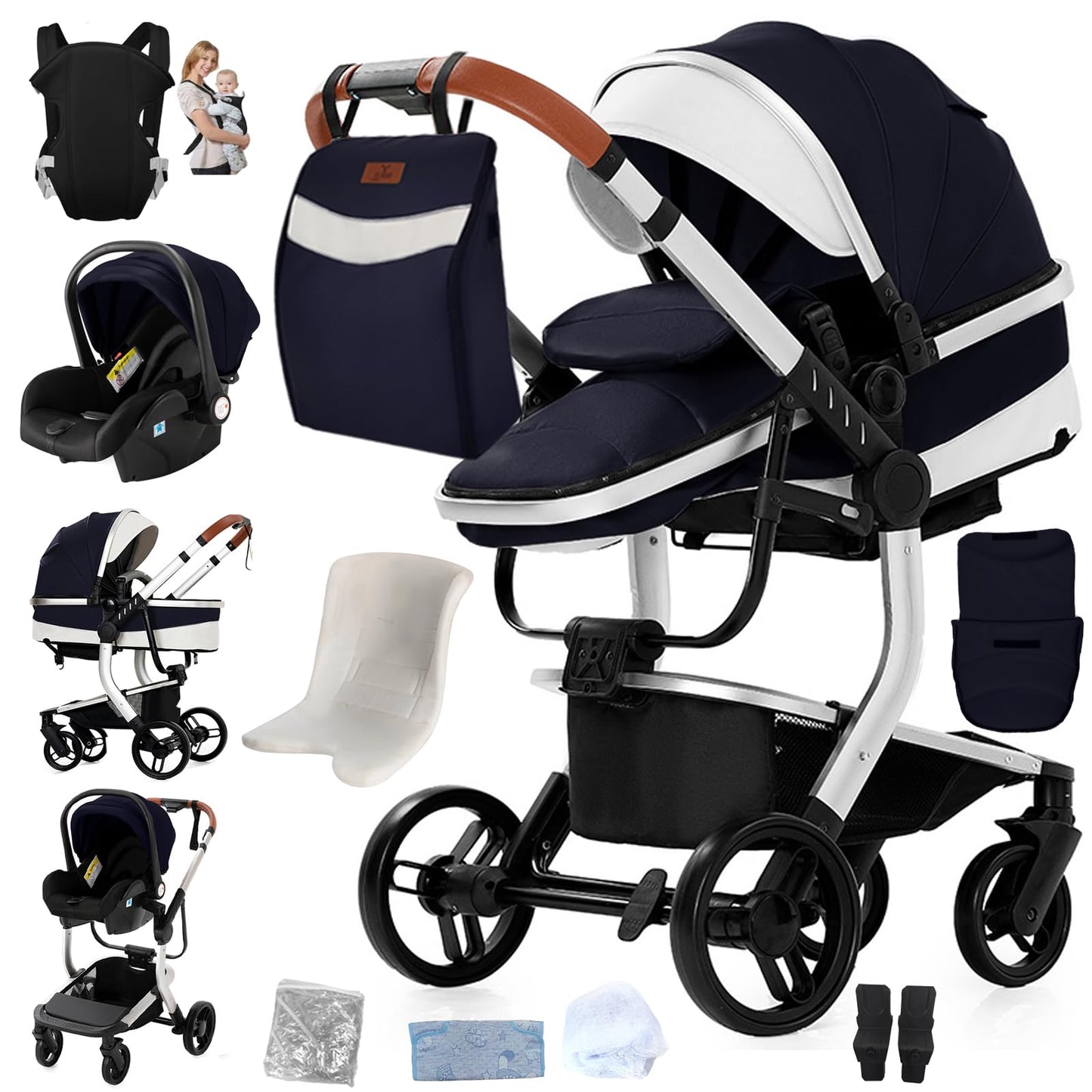 Doraystar 360° Rotation PU Leather Pushchair 3-in-1 Combination Pushchair 3-in-1 with Two Reversible Sliding Modes, Pushchair Complete Set with One-Click Folding Design, Aluminium Alloy Frame (906