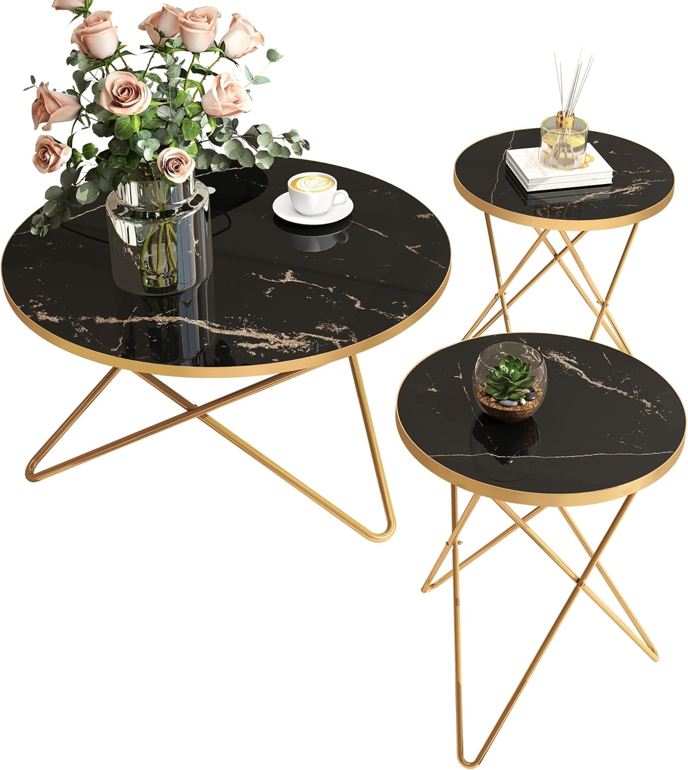 Coffee Table Side Table Round Black Green Living Room Table Sofa Table for Living Room Garden Balcony Bedroom Table Round Modern Plant Table Outdoor with Marble Pattern