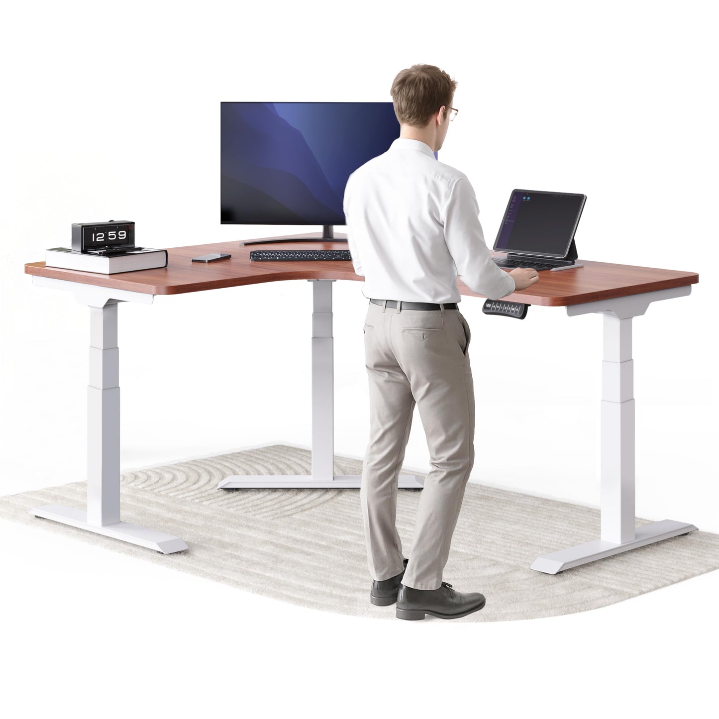 Corner Electric Height-Adjustable Corner Desk, Corner Desk with Memory Function and Anti-Collision Black Frame, Mahogany Table Top, 160 x 130 x 70 cm