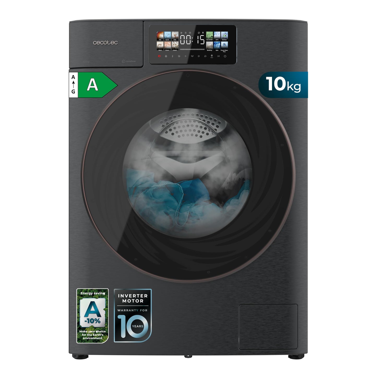 Cecotec Washing Machine 10 kg Front Loader Bolero Dress Code 10950 Car Socket Inverter 3D Steel A. 1400 rpm, Matrix Display 9.2 Inches, 16 Prog, Low Consumption, Inverter Plus Motor, Auto Dosage,