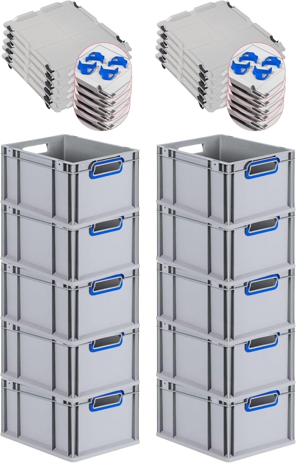 PROREGAL Economy Set of 5 Eurobox NextGen Colour with Lid and Sliding Snap Fasteners, H x W x D 22 x 30 x 40 cm, 20 L, Black, Closed Handles, Euro Container, Transport Box, Transport Container