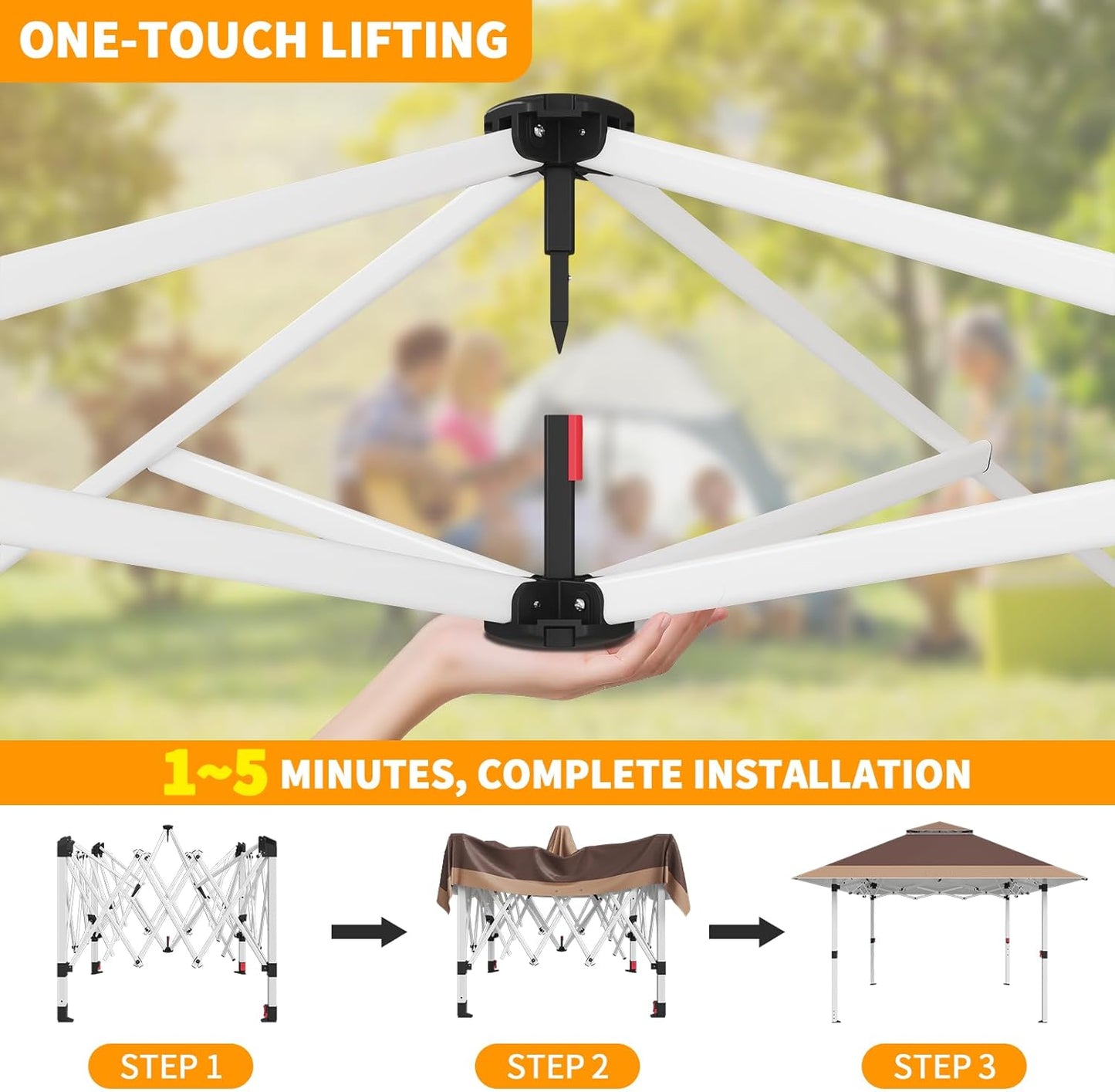 JUMMICO Pop Up Gazebo 3.24 x 3.24 Waterproof Stable Winterproof with 4 Mosquito Net Side Panels Folding Gazebo UV Protection 50+ Double Roof Gazebo for Patio Family Reunions, Brown