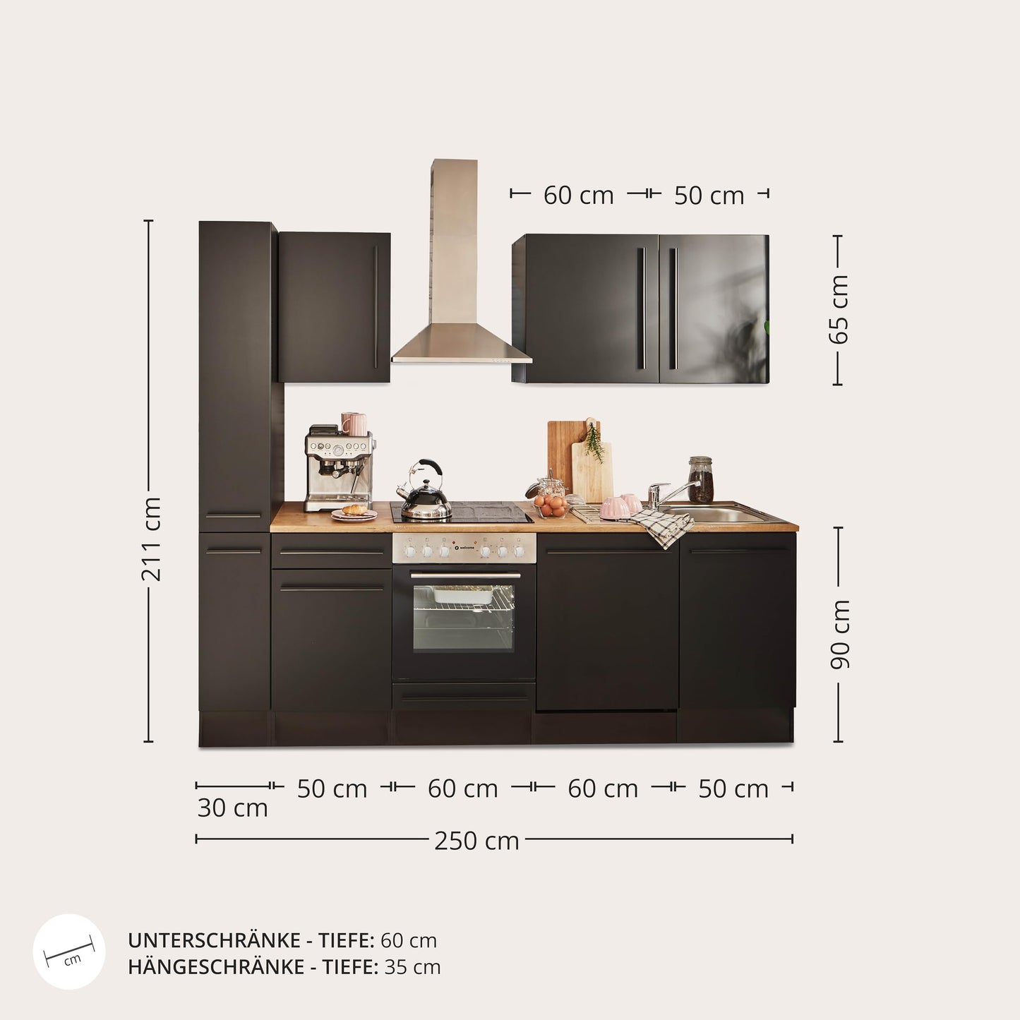 Jazz 8 Modern Kitchen Unit without Electrical Appliances in Anthracite, Artisan Oak Look, Spacious Fitted Kitchen with Lots of Storage Space, 220 x 211 x 60 cm (W x H x D)