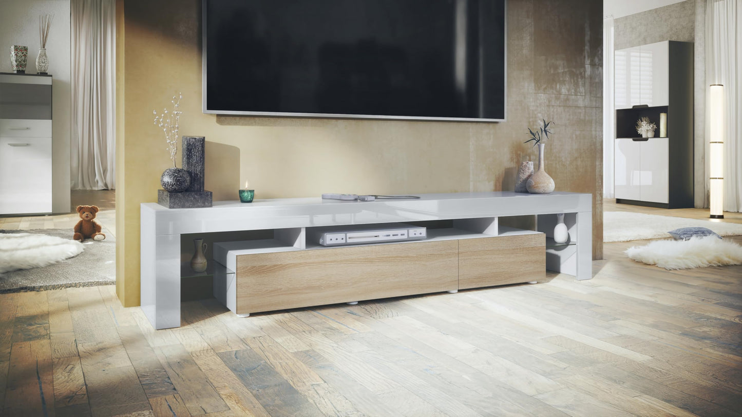 Vladon TV Stand Unit Lima V2, Carcass in White/Front in Black High Gloss