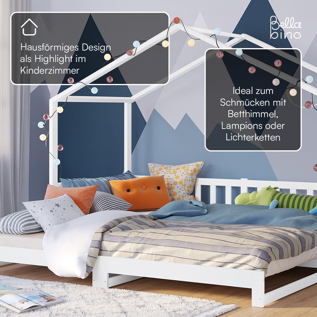 Bellabino Bia Children’s Bed, 90 x 200 cm, Children’s House Bed incl. Fall Protection and Rolled Slatted Frame, Montessori Floor Bed, White, Solid Pine Wood