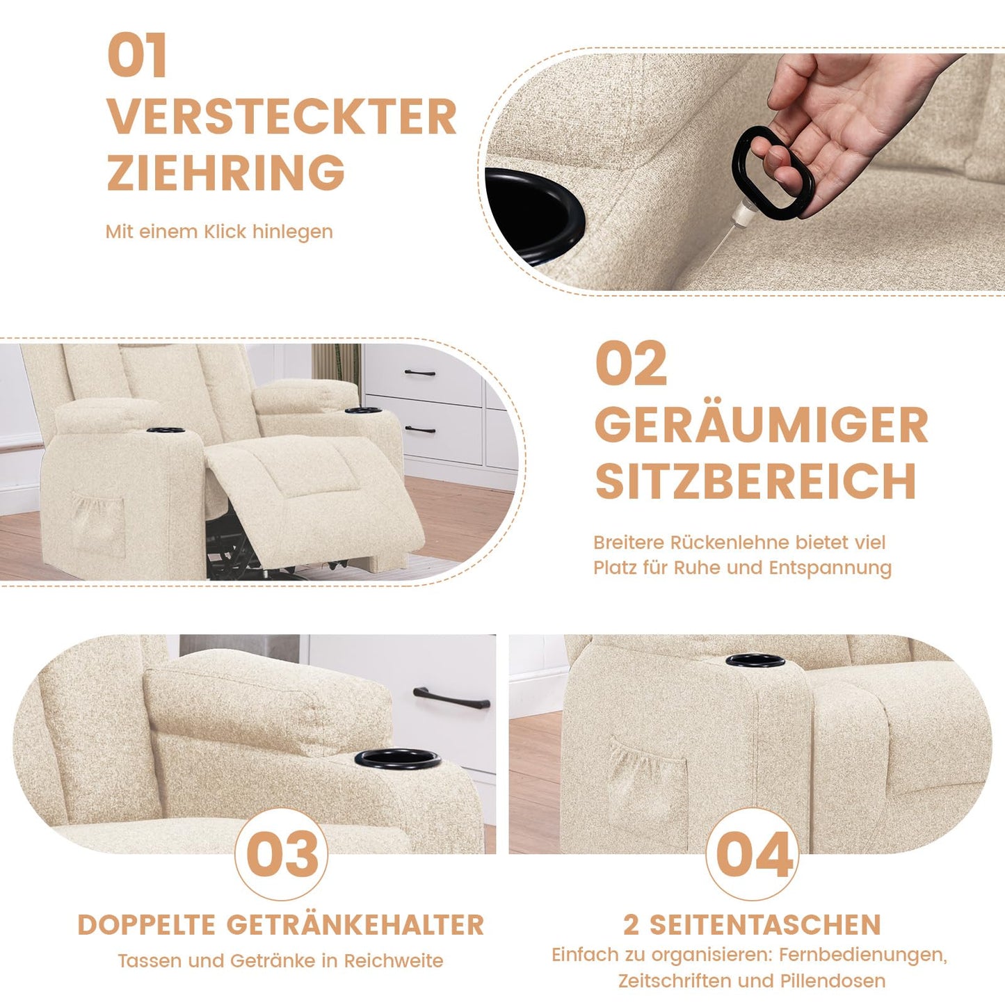 COMHOMA Relaxsessel-Set, Sofa, Sofa-Set aus Kunstleder, Fernsehsessel Ruhesessel Liegesessel mit Liege-Funktion Polstersessel Schlafsessel für Wohnzimmer Schlafzimmer Heimkino,Schwarz, 3+2+1