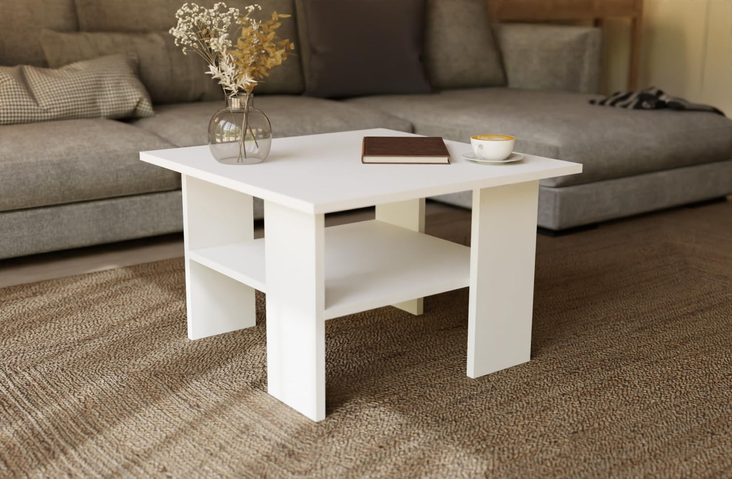 Artisan Coffee Table, Retro Loft Bench, Open Double Shelf, Skate Legs, Ideal for Coffee Get-Togethers, Laminated Top, Large Surface, Guaranteed Stability, White 3