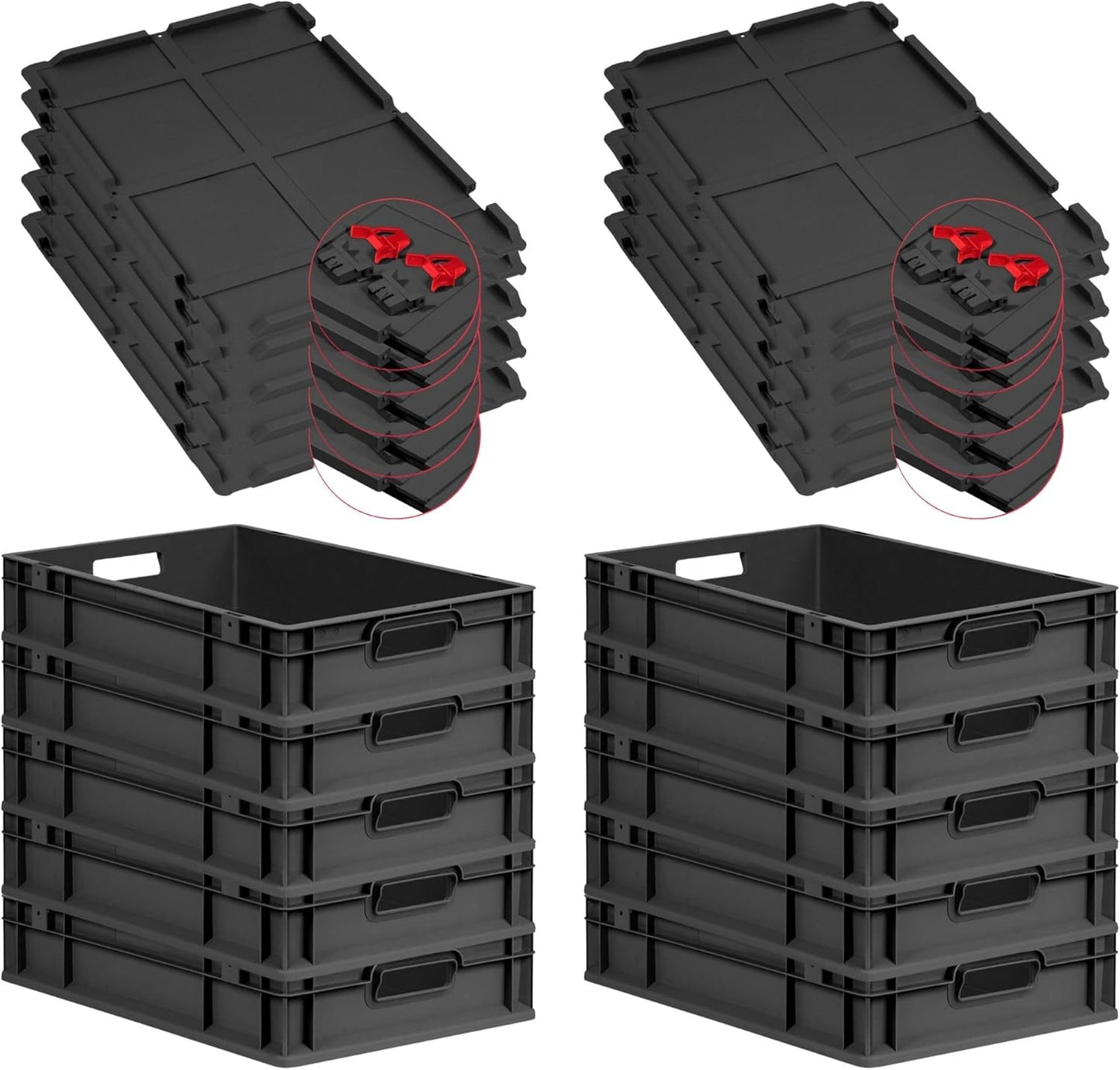 PROREGAL SuperSparSet 3 x Eurobox NextGen Grip with Lid and Yellow Clasps, H x W x D 32 x 40 x 60 cm, 65 Litres, Open Handles, Reinforced Base, Euro Container, Transport Box