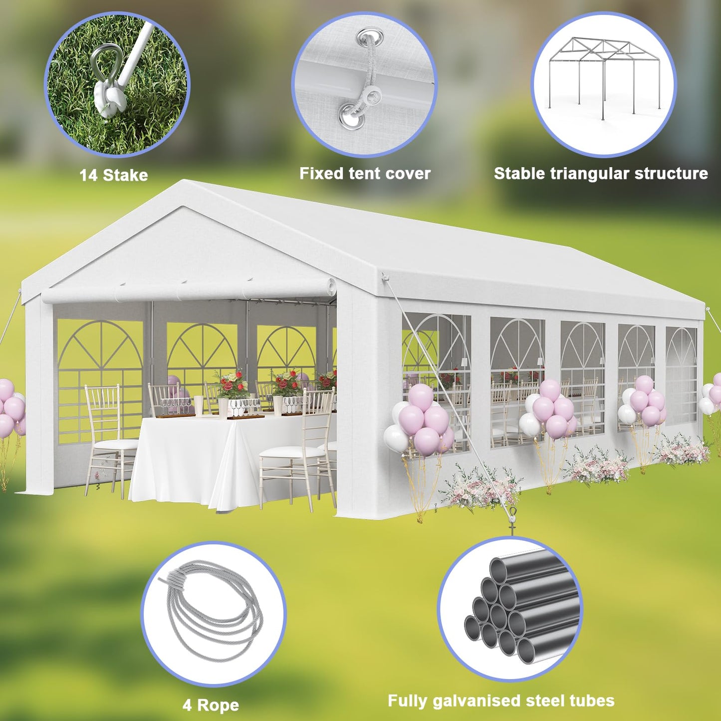 JUMMICO Gazebo Party Tent 4 x 6 Waterproof Stable Garden Tent UV Protection 50+ Tent 170 g PE Tarpaulin Marquee Beer Tent Garden Gazebo for Garden, Party, Festival, Wedding, White