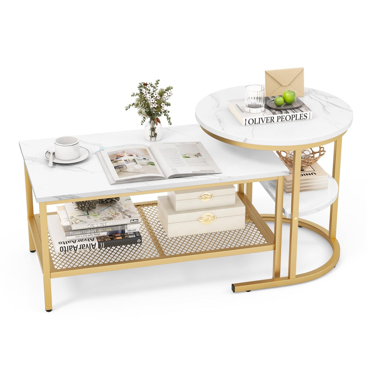 COSTWAY Set of 2 Coffee Tables, Side Tables, Marble Look with Metal Frame and Shelf, Coffee Table, Living Room Table, Sofa Table for Living Room, Bedroom (White + Golden)