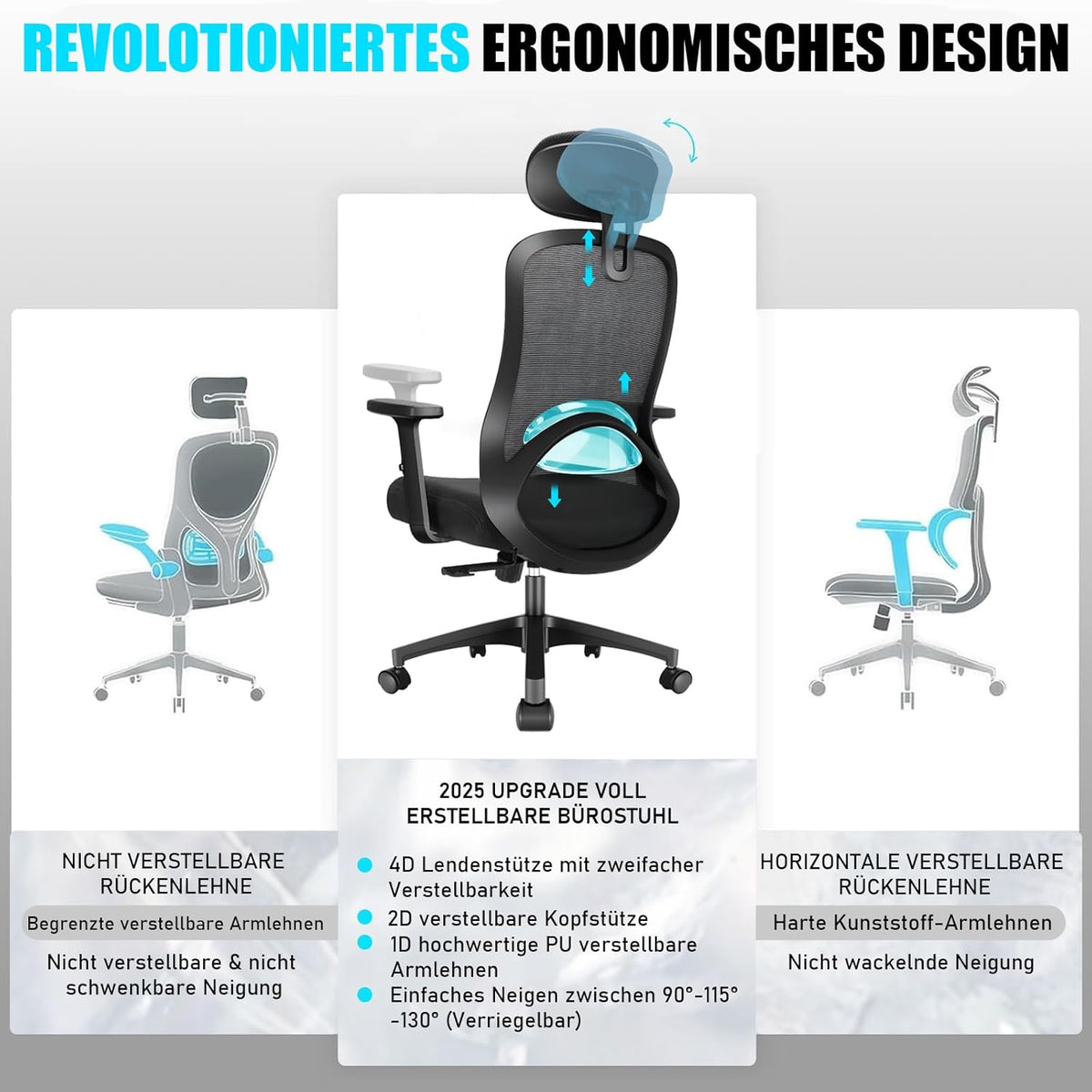 Milacyee Ergonomic Office Chair, Desk Chair with Adjustable 4D Lumbar Support, Office Chair with Headrest, Mesh Executive Chair with 90°-130° Reclining Function (Lockable), Swivel Chair up to 150 kg