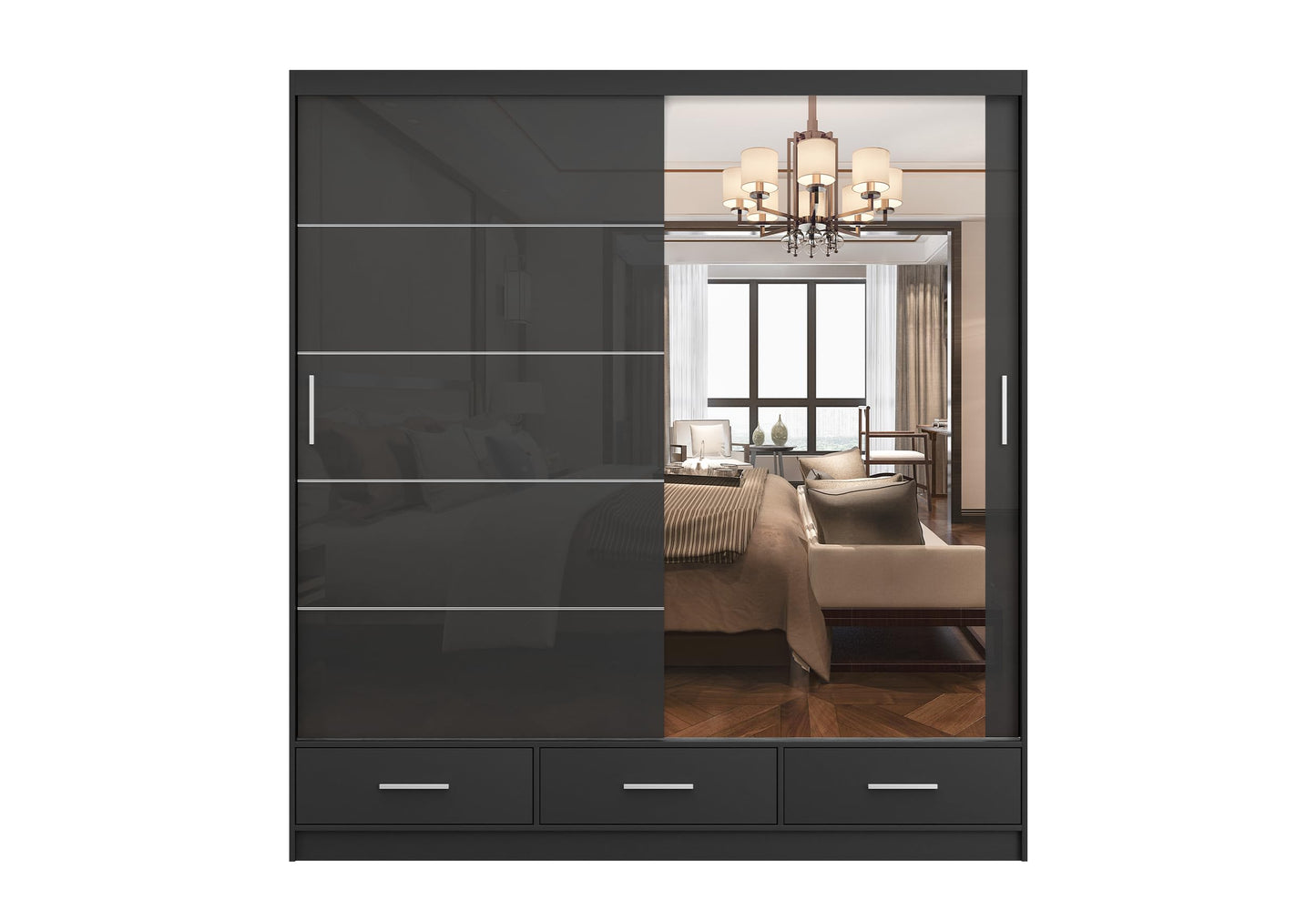 Fabryka Mebli Idźczak Kleiderschrank mit Spiegel weiß - Schwebetürenschrank - Schlafzimmerschrank - 61 x 250 x 218 cm - Wohnzimmerschrank - Garderobenschrank, Schrank mit 2 Türen, 4 Schubladen
