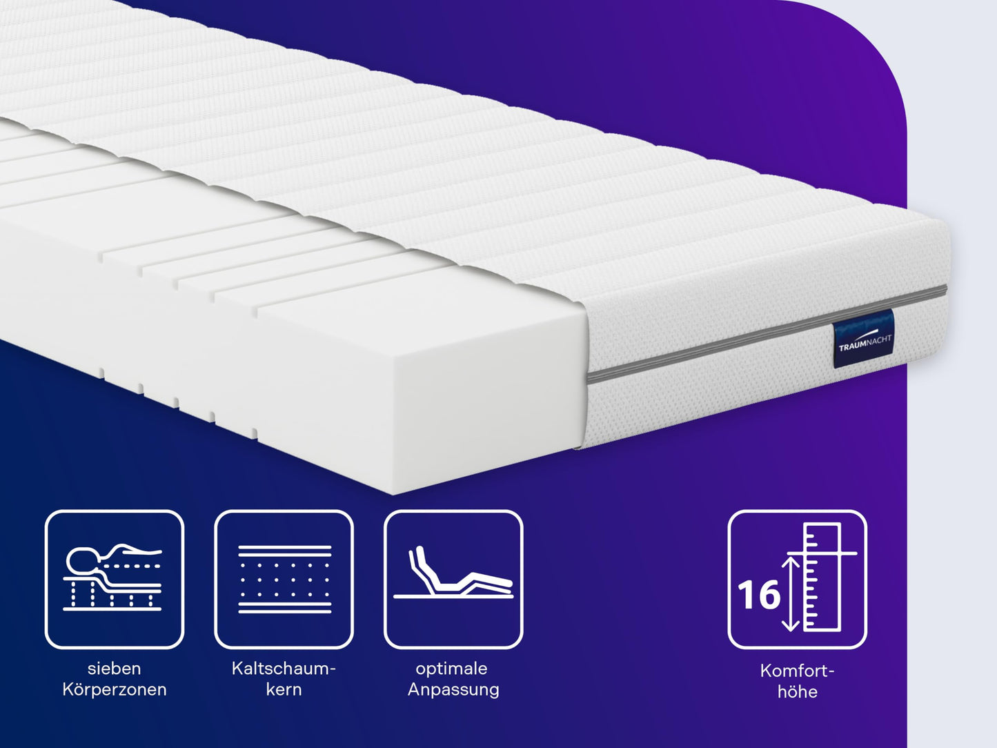 Traumnacht Orthopaedic 7-Zone Cold Foam Mattress, Hardness 3 (H3 - Medium Firm), Oeko-Tex Certified, 140 x 200 cm, Height 16 cm, Produced According to German Quality Standard