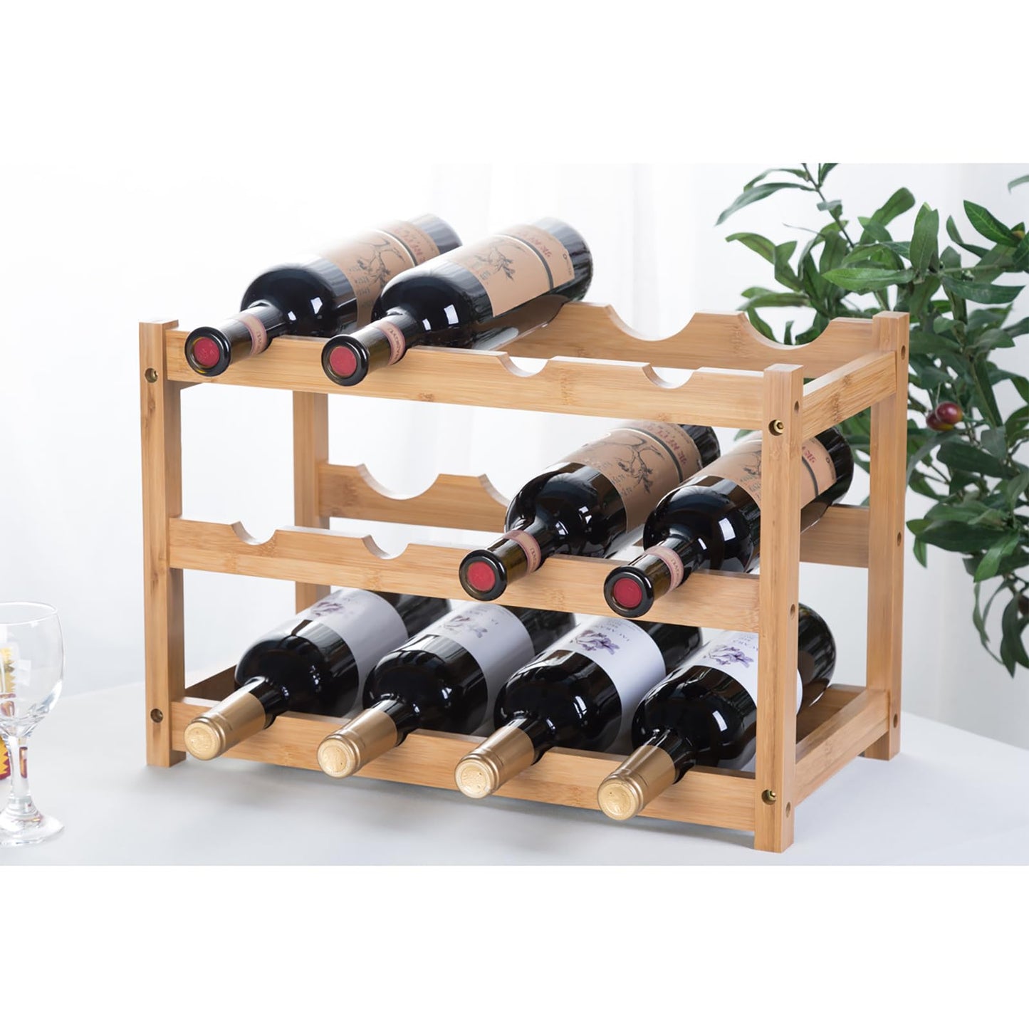 Wine Rack, Small Bottle Rack Storage Holder, Natural Bamboo Bottle Holder, Wine Bottle Shelf for Kitchen, Countertop, Cellar, Bar, Cabinet (2 Tiers, 8 Bottles)