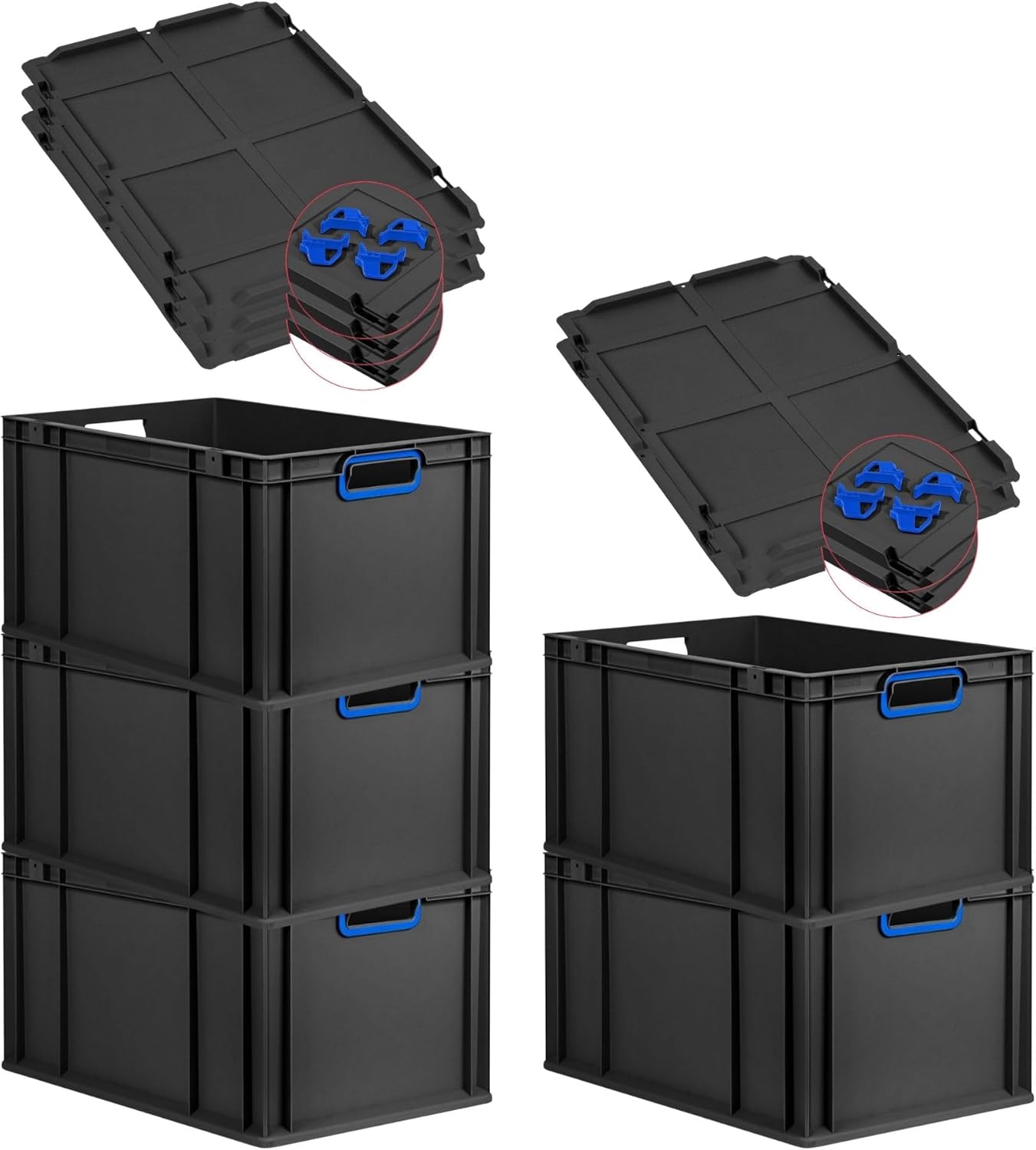 PROREGAL Economy Set of 5 Eurobox NextGen Colour with Lid and Sliding Snap Fasteners, H x W x D 22 x 30 x 40 cm, 20 L, Black, Closed Handles, Euro Container, Transport Box, Transport Container
