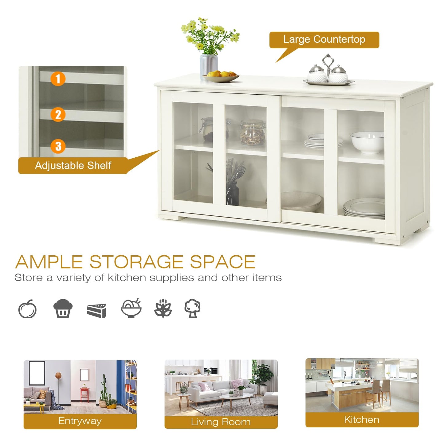 KOMFOTTEU Sideboard Side Cabinet, Kitchen Chest of Drawers with Glass Sliding Doors, Wooden Kitchen Cabinet with Adjustable Shelf, Buffet Cabinet 107 x 33 x 64 cm for Hallway Dining Room (Cream White)