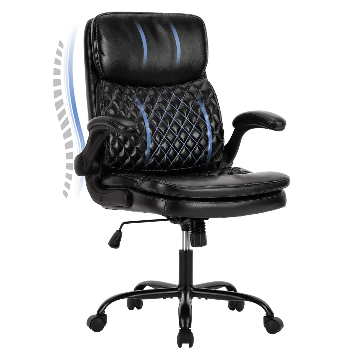 COLAMY Schreibtischstuhl, Ergonomischer Bürostuhl mit Verstellbaren Armlehnen, Chefsessel mit Hoher Rückenlehne, Höhenverstellbar und Neigbar Drehstuhl mit Dicker Lederpolsterung, Schwarz