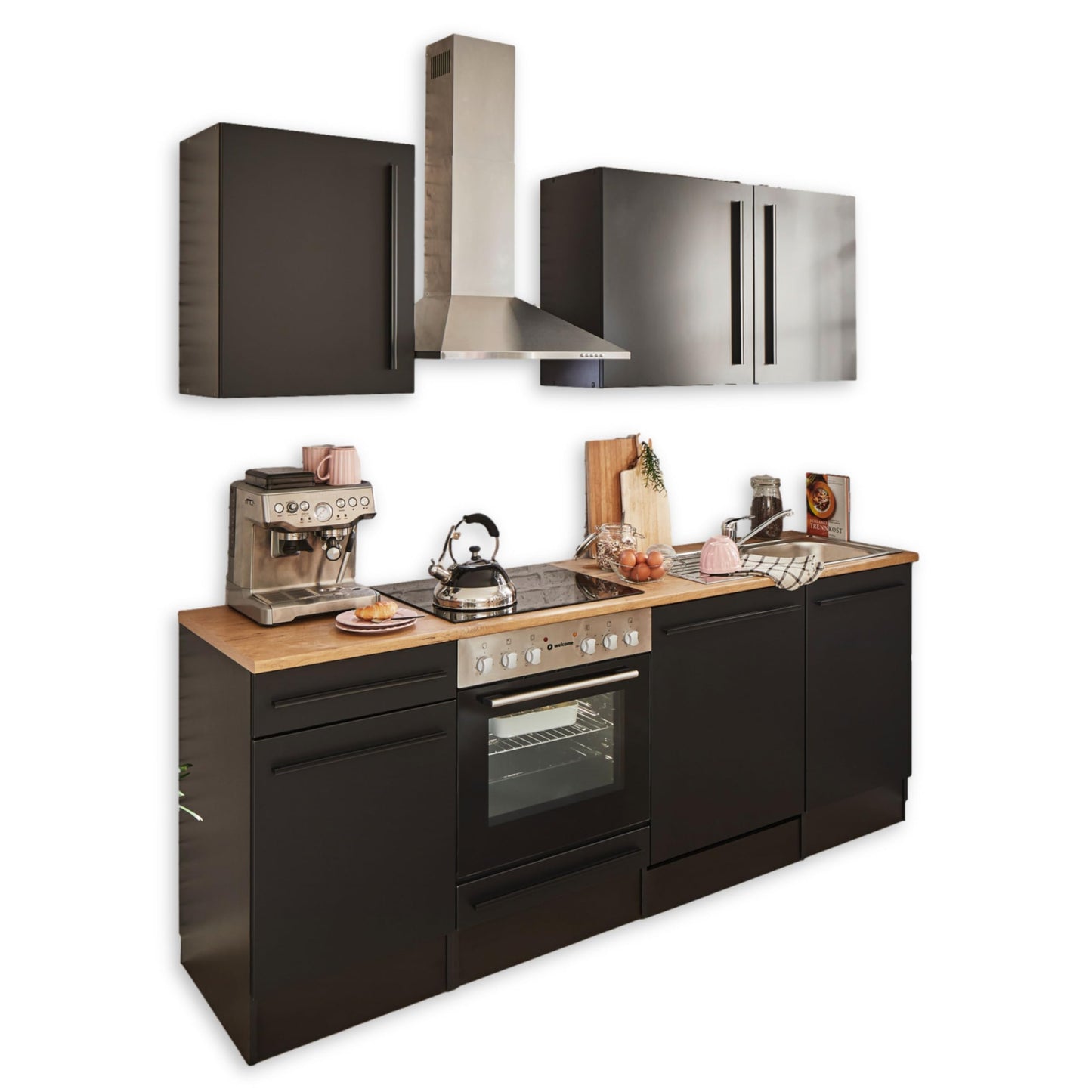 Jazz 8 Modern Kitchen Unit without Electrical Appliances in Anthracite, Artisan Oak Look, Spacious Fitted Kitchen with Lots of Storage Space, 220 x 211 x 60 cm (W x H x D)