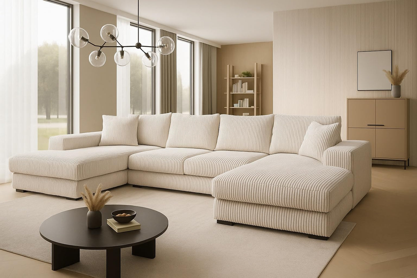 A&J MöbelLand VIENA Corner Sofa 328 x 182 cm with Sleep Function, Bonell Spring Core and Bed Box in Cream - Modern Sofa Bed with Storage Space