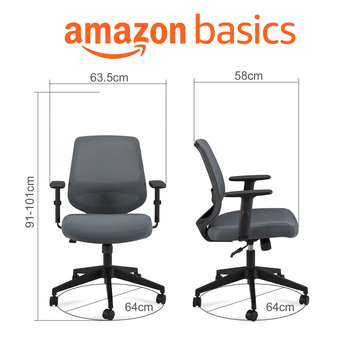 Amazon Basics Ergonomic Office Chair, Desk Chair with Adjustable Armrests, Lumbar Support, Mesh Executive Chair, Back Friendly, Easy Assembly, 25 x 23 x 36 Inch, Black
