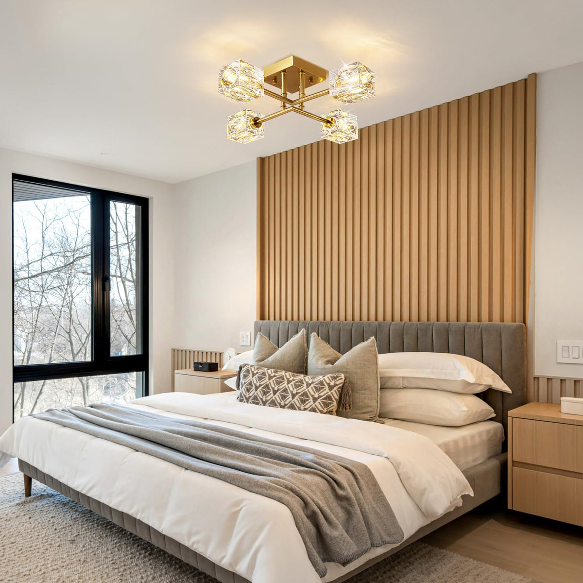 Modern Kistall Semi-Flush Ceiling Light Living Room, 8 Lights, Gold Crystal Chandelier, Semi-Flush Crystal Chandelier, Luxury Ceiling Light for Bedroom, Dining Room