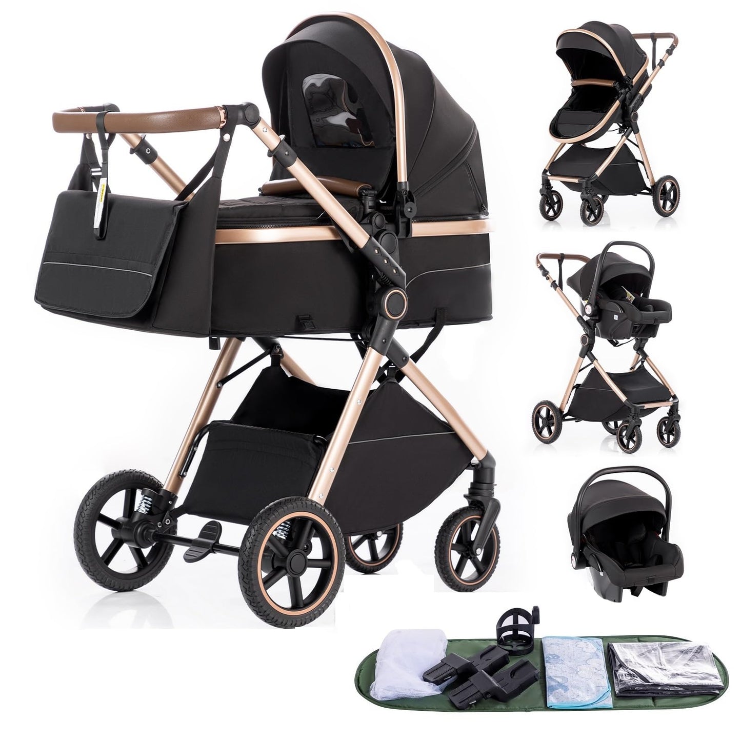 Gcarebb PU Leather 3-in-1 Pram, Buggy with Car Baby Seat, Foldable Portable Pushchair Complete Set, Combination Pushchair with Aluminium Frame for Newborns 0-4 Years