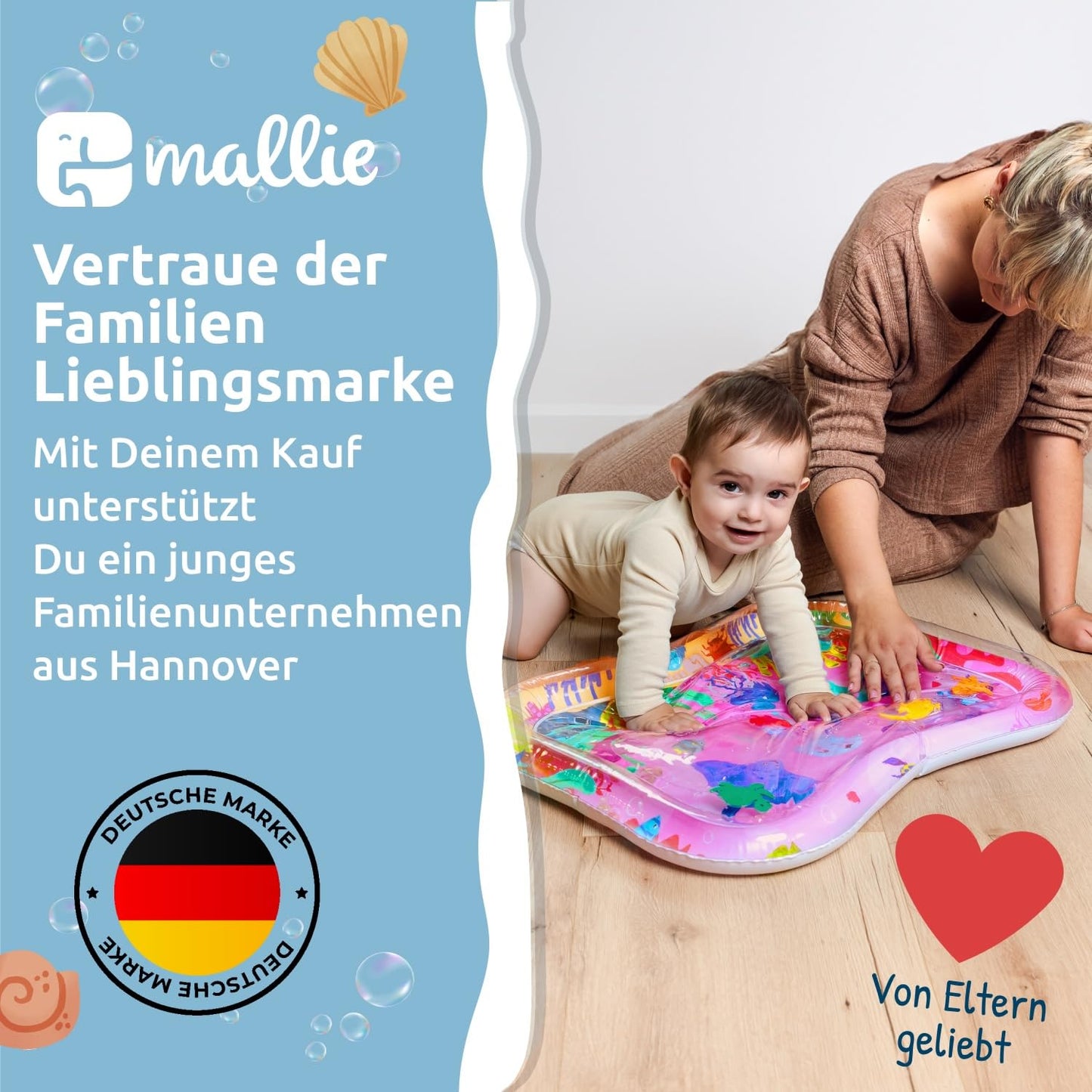 Mallie® Wassermatte Baby 66x50 CM [100% BPA & Schadstoff-Frei] ab 3, 6 und 9 Monate im Ozean Blau Design I Baby Spielzeug, Spielzeug Ab 6 Monate als Wassermatte Baby und Baby Spielzeug 6 Monate