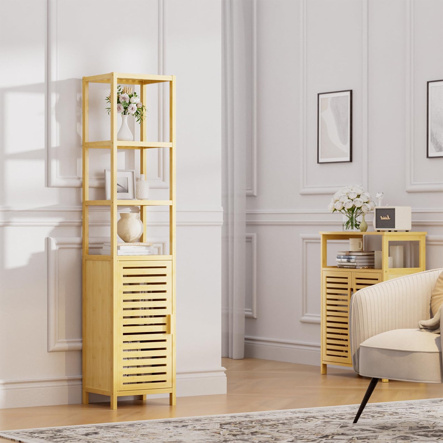 HITNET Bathroom Cabinet Bamboo Black Bathroom Cabinet Tall Cabinet Narrow Freestanding Floor Standing with Open Shelf and Single Door