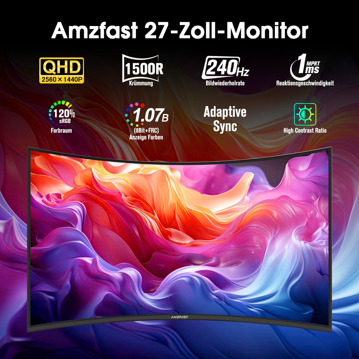 Amzfast Gaming Monitor Curved 24 Inch - 180Hz, FHD 1920 x 1080, Blue Light Filter, 1 ms MPRT, Adaptive Sync, sRGB 130% / DCI-P3 97%, HDMI 1.4 + DP 1.2, VESA 75 x 75, AMZG24C1