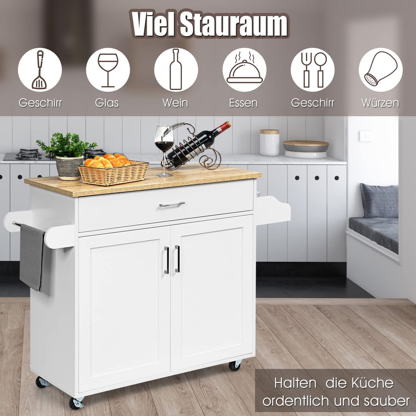 COSTWAY Kitchen trolley with towel holder and spice board, kitchen island with drawer and height-adjustable shelf, kitchen cabinet rollable, wooden serving trolley, kitchen island trolley (black)