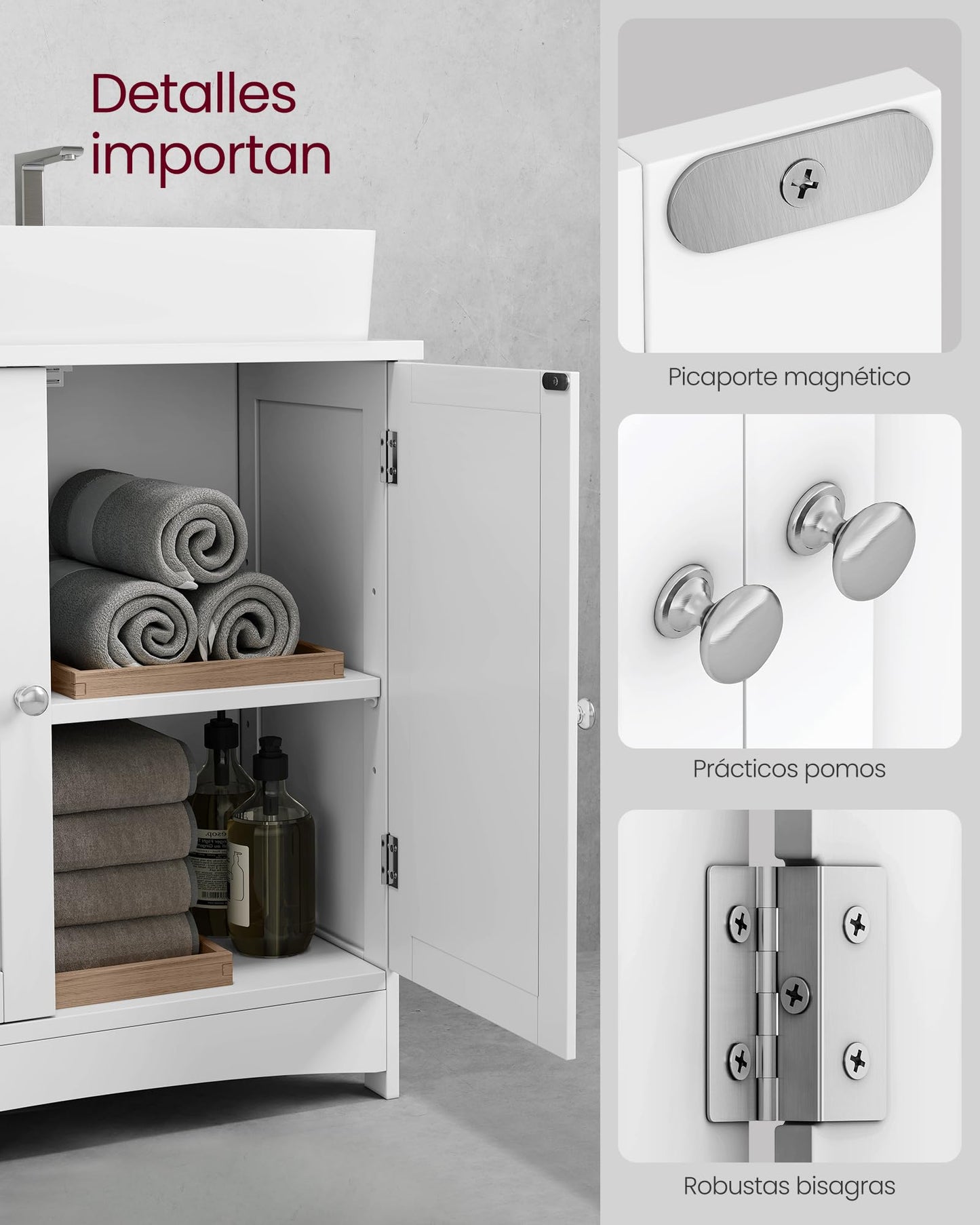 VASAGLE BBC410P31 Vanity Unit Extra Long 30 x 90 x 60 cm 2 Doors Bathroom Cabinet Open Compartments Height Adjustable Shelves White