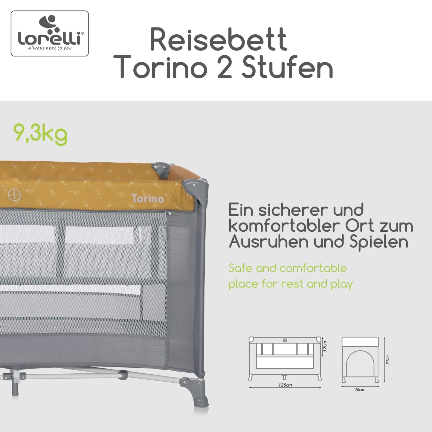 Lorelli Torino 2-in-1 Baby Bed and Playpen 2 Levels with Newborn Insert and Side Entrance, Cot from Birth to 15 kg, Baby Travel Cot, Foldable Including Transport Bag, Dark Grey