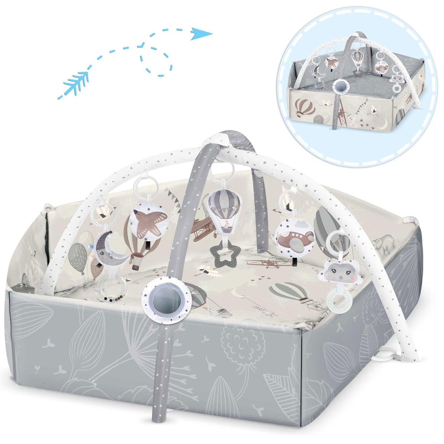 Nukido Interactive Play Arch Baby 5-in-1 Crawling Blanket for Baby Play Mat Playpen Baby with Mattress Baby Nest with Tummy Time Cushion 2 Sheets with 7 Sensory Toys 56 cm Grey
