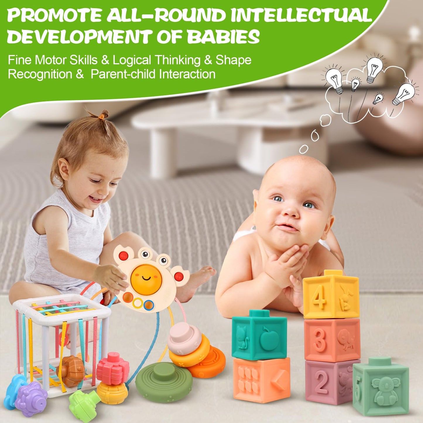 Richday Montessori Spielzeug Baby,Baby Spielzeug 6 Monate,8 in 1 Montessori Motorikspielzeug Stapeln Baublöcke Sensorischer Lernspielzeug für Kleinkinder Passende Eier, Saugnapf-Kreiselspielzeug