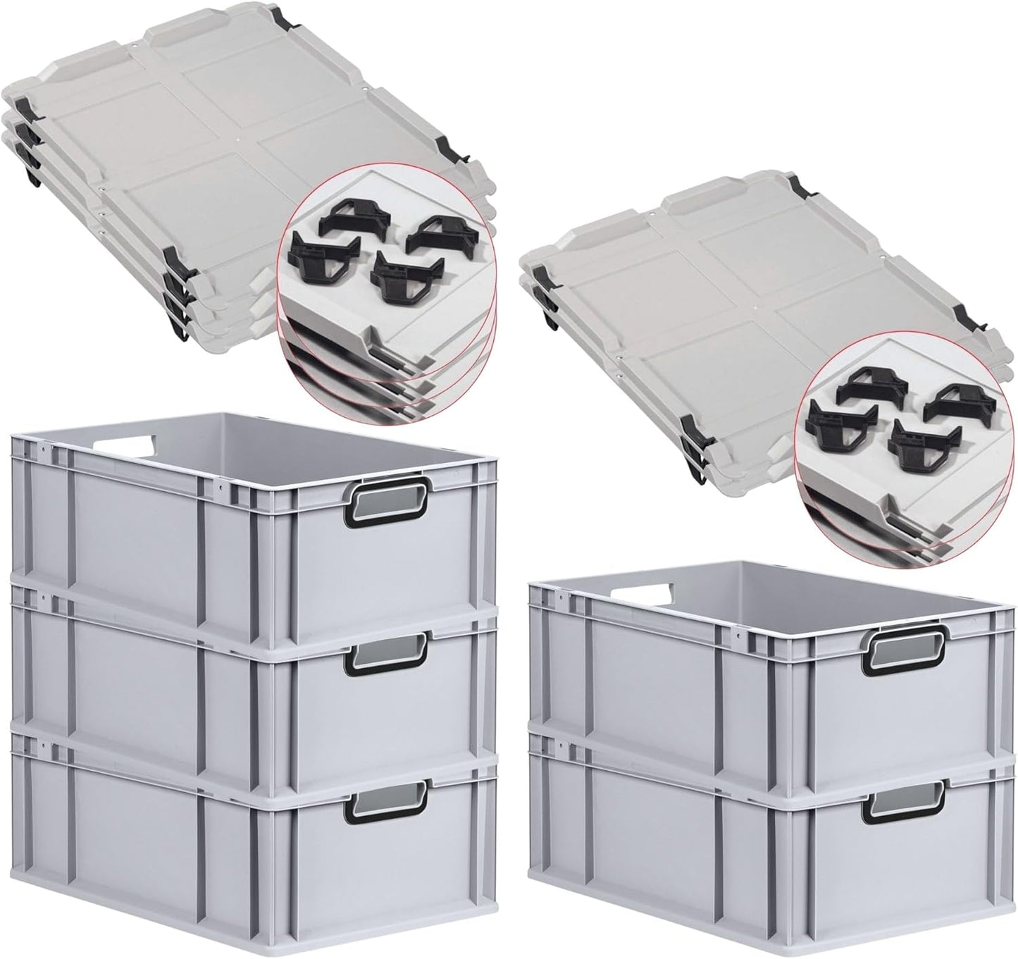 PROREGAL Economy Set of 5 Eurobox NextGen Colour with Lid and Sliding Snap Fasteners, H x W x D 22 x 30 x 40 cm, 20 L, Black, Closed Handles, Euro Container, Transport Box, Transport Container