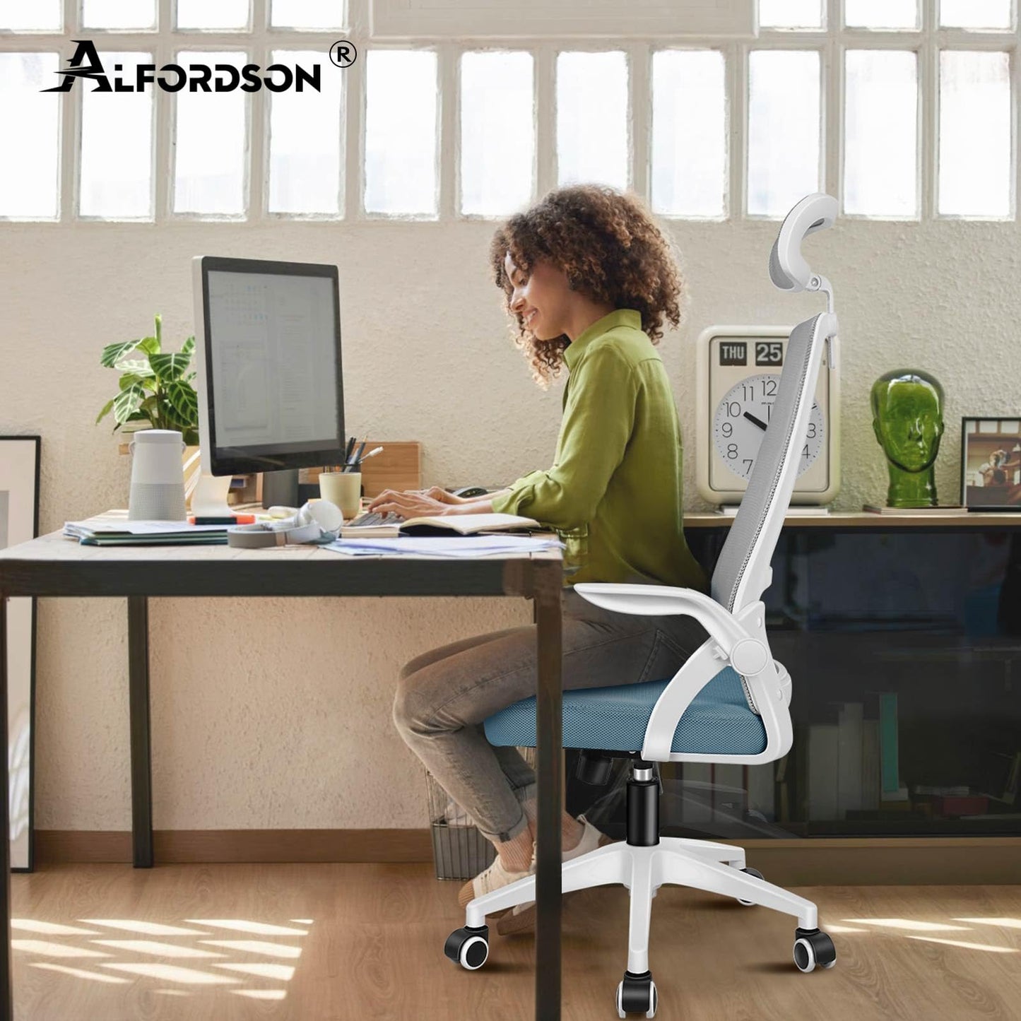 ALFORDSON Ergonomic Office Desk Chair, Computer Chair with Dynamic Lumbar Support, Tilting Swivel Chair with Flip Up Armrest, Black
