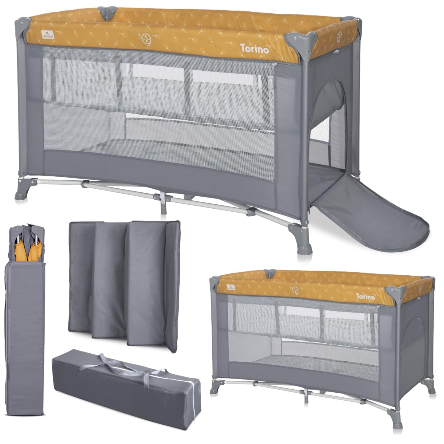 Lorelli Torino 2-in-1 Baby Bed and Playpen 2 Levels with Newborn Insert and Side Entrance, Cot from Birth to 15 kg, Baby Travel Cot, Foldable Including Transport Bag, Dark Grey