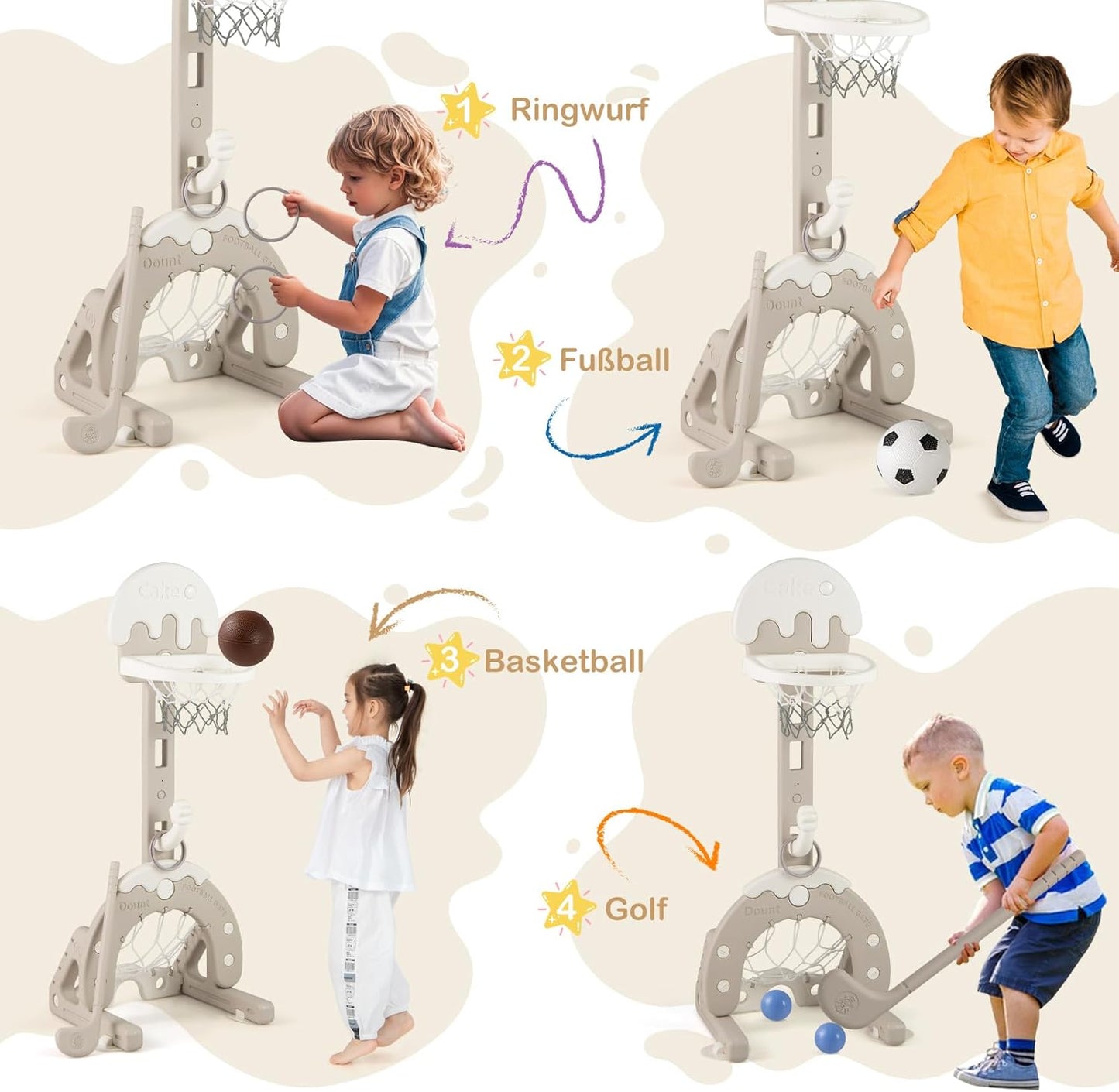 COSTWAY 4-in-1 Children's Basketball Hoop Set, Height-Adjustable Basketball Stand with Football Goal & Basketball & Golf Set & Throwing Game, Children's Playground Indoor & Outdoor for Boys and Girls